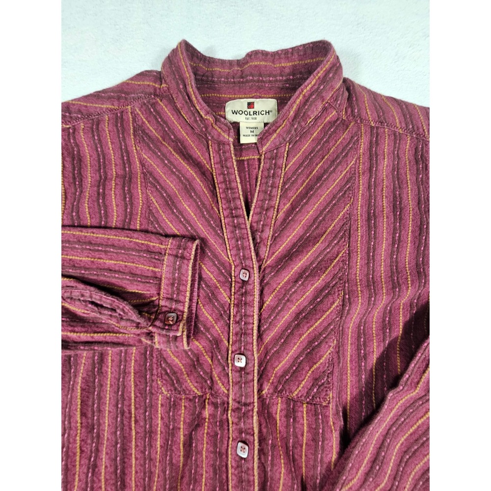 Woolrich Womens M Burgundy‎ Striped Cotton Button Up Shirt Split Neck 2081